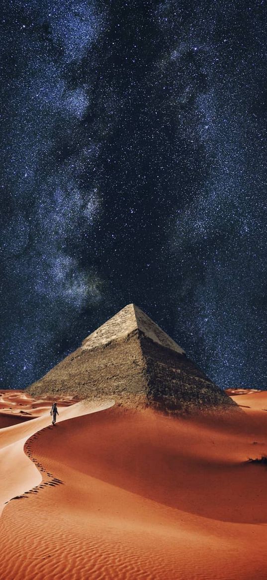 man, footprints, sand, dunes, desert, pyramid, starry sky, stars, fiction, art