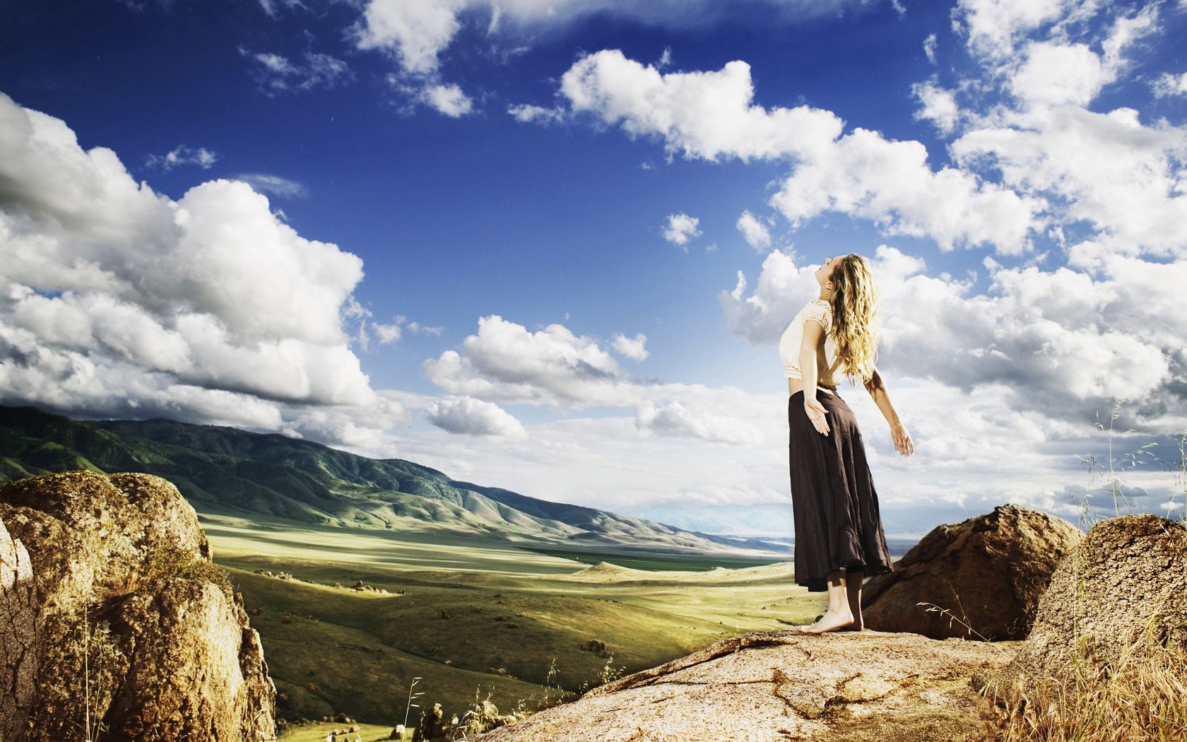 girl, mountain, open, freedom, sky