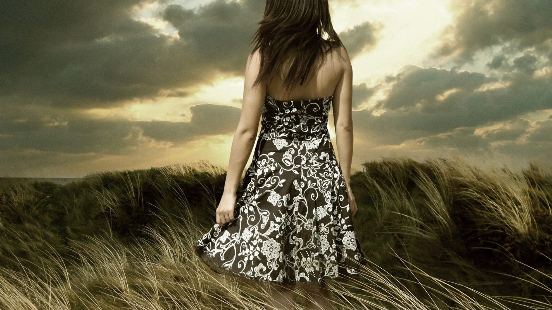 girl, dress, brunette, nature, sky, clouds, field, grass