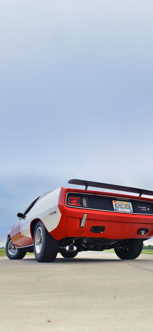 plymouth barracuda, plymouth, car, retro, red, road, cloudy