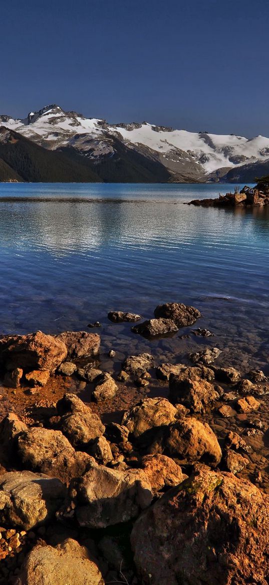 stones, coast, water, lake, transparent, mountains