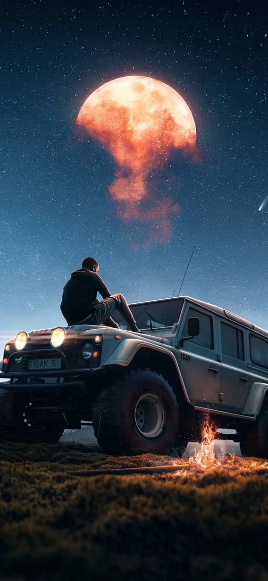 guy, suv, car, campfire, hike, moon, cloud, starry sky, night, nature, art