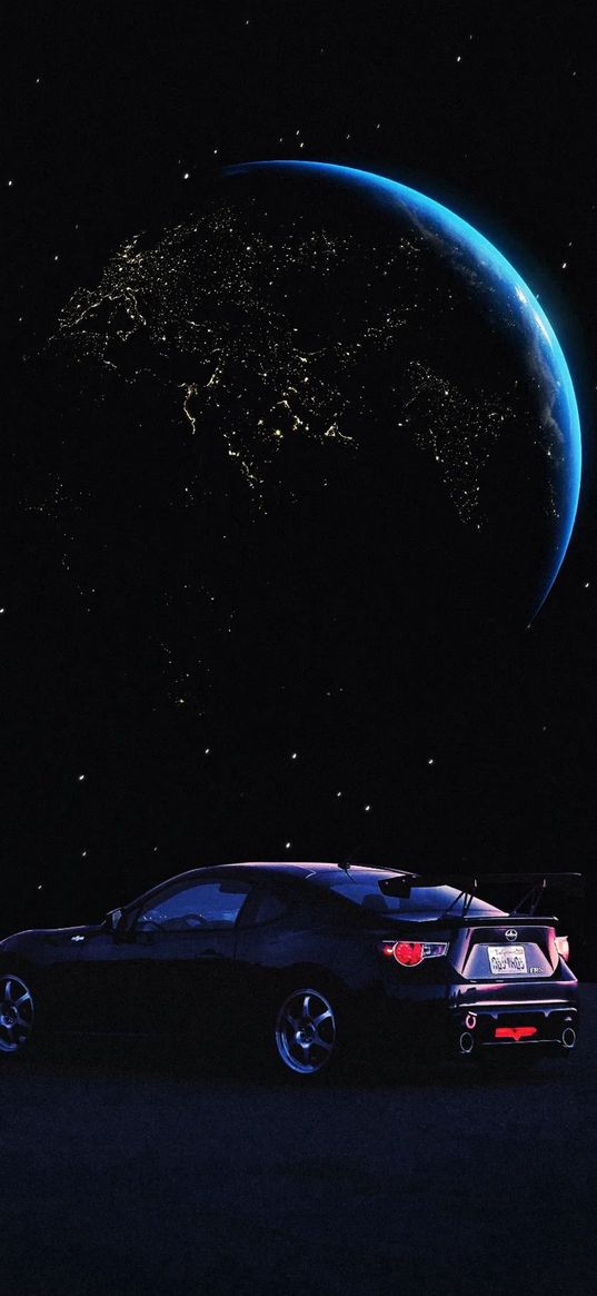 sports car, car, planet, earth, lights, stars, space, fiction, art