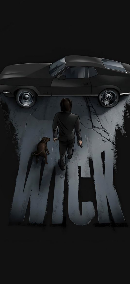 john wick, movie, man, dog, tuxedo, car, dark background, art