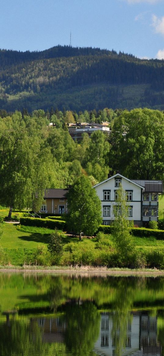 alps, mountains, lake, coast, houses, trees