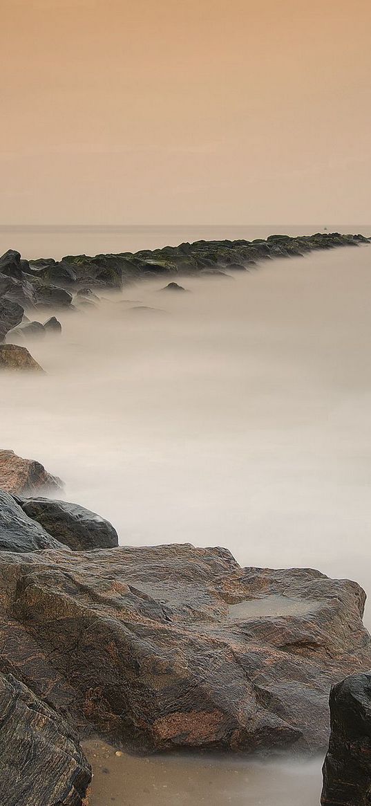 stones, cover, veil, sign, coast, fog