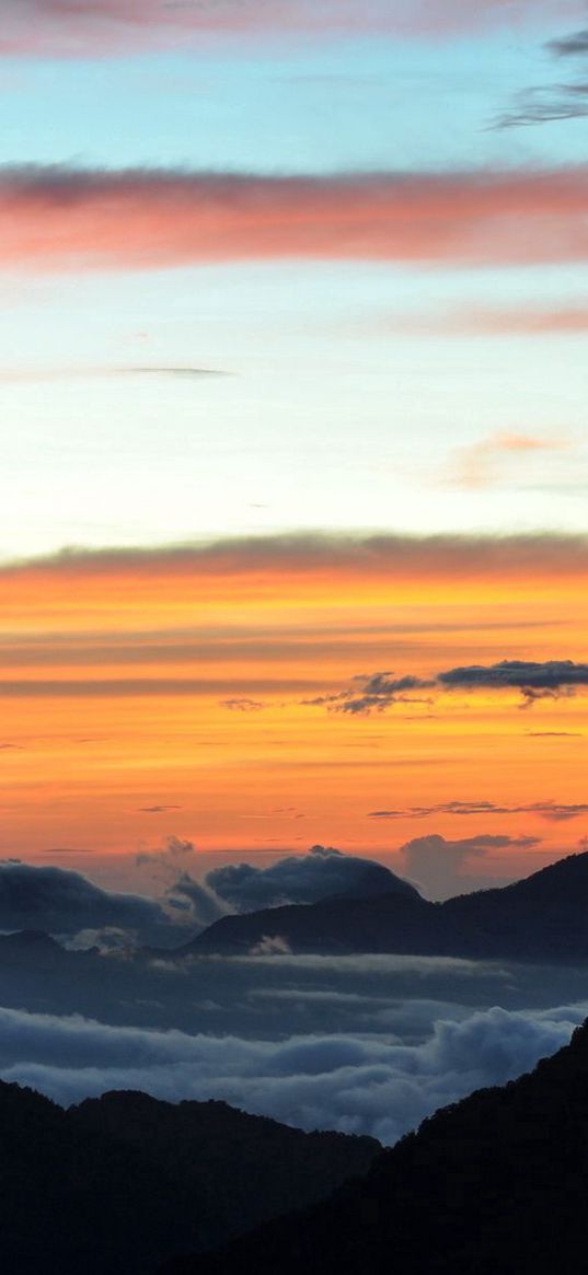 clouds, mountains, layers, height, colors, shades, paints, decline, evening