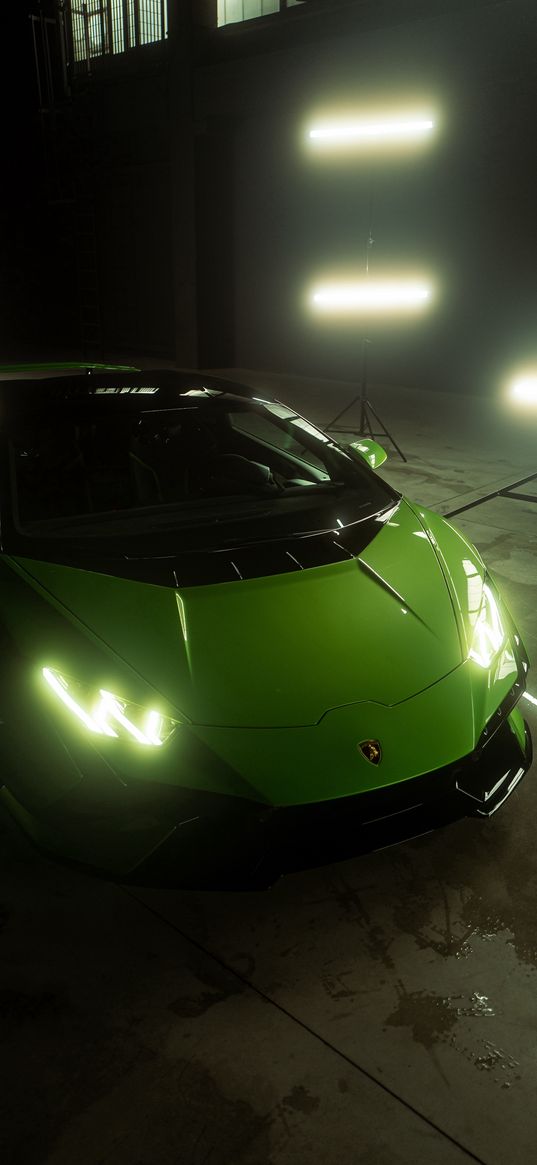 lamborghini, sports car, car, headlights, light green, green