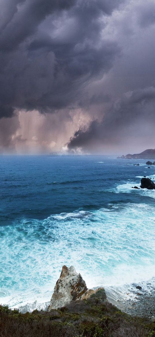 clouds, rocks, coast, sea, foam