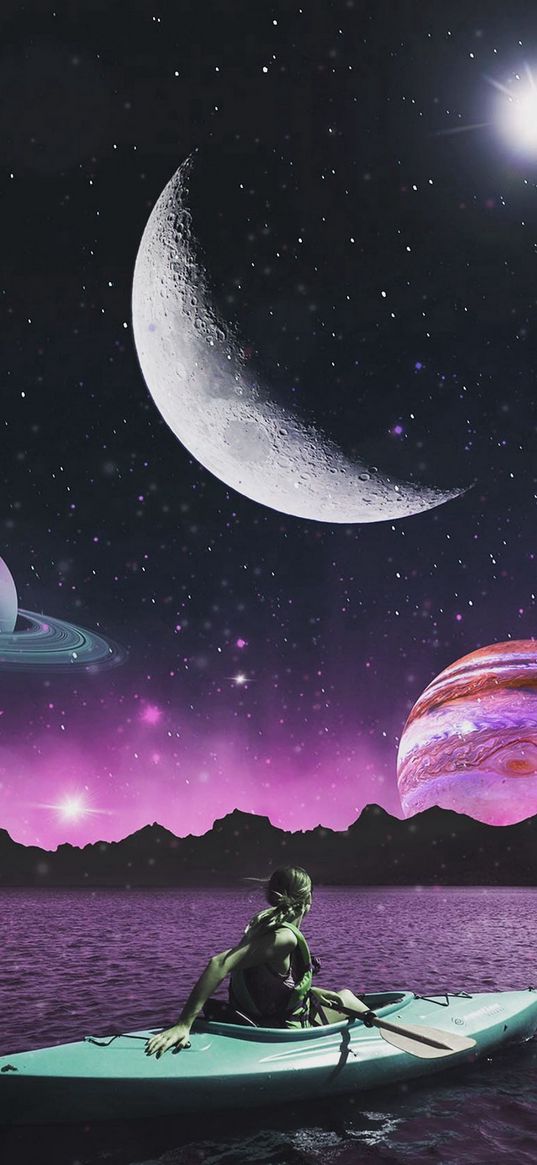 lake, boat, mountain, planets, jupiter, saturn, moon, stars, starry sky, fantasy