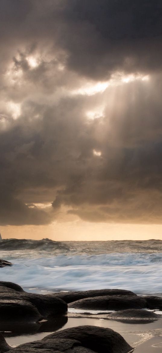 sailing vessel, waves, coast, distance, evening