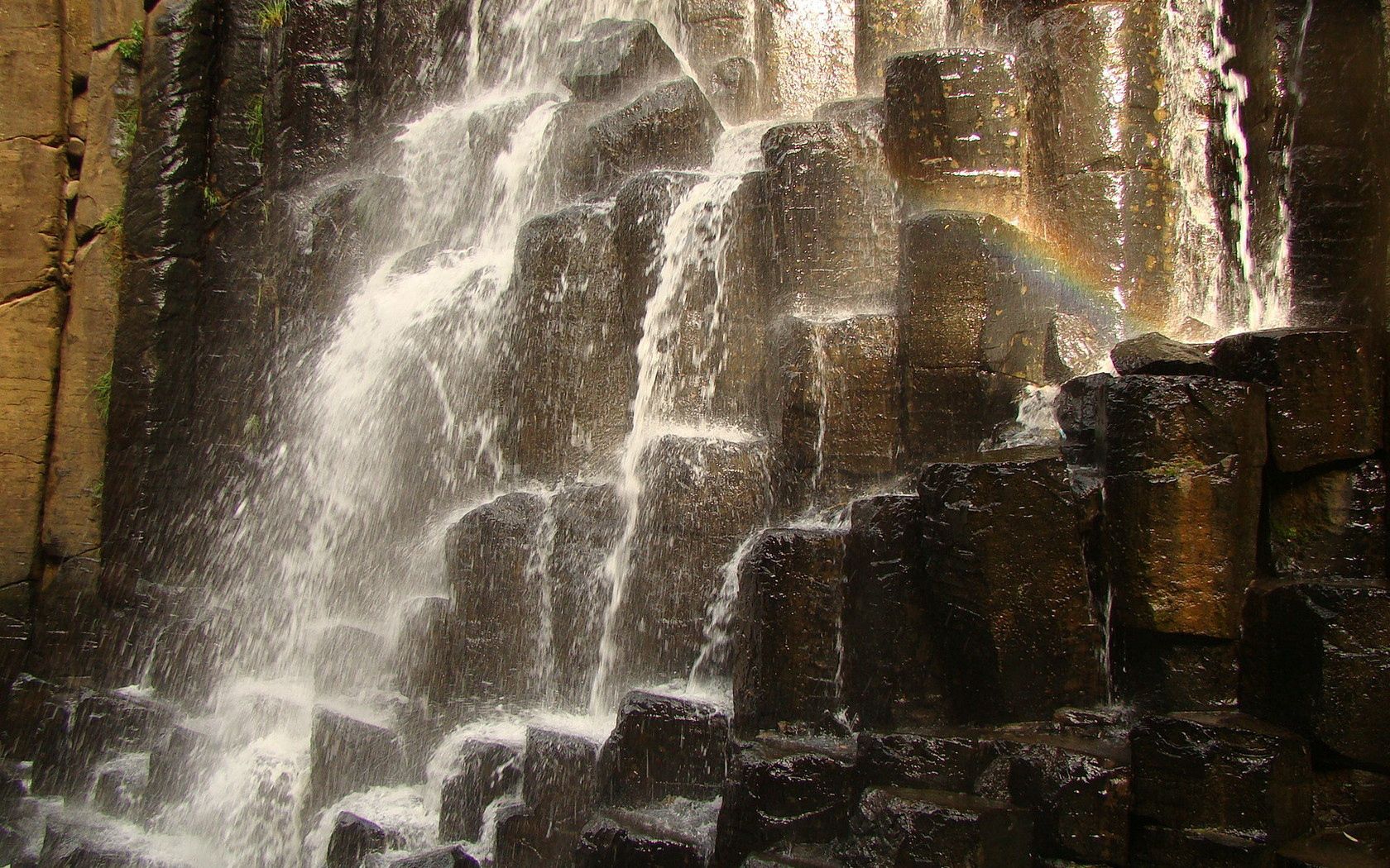 falls, stones, splashes, rainbow, rocks, noise, murmur