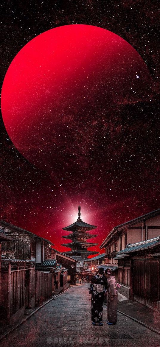 road, houses, city, asia, starry sky, planet