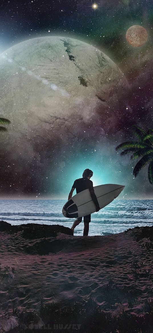 sand, coconut tree, sea, surfer, planet