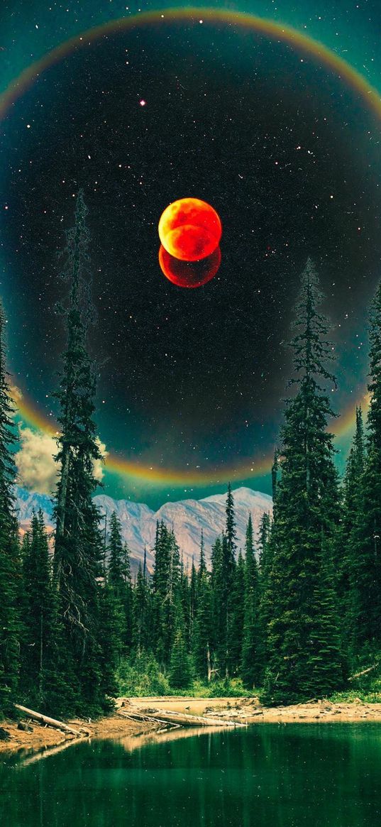 lake, forest, mountain, ice, circle, moon