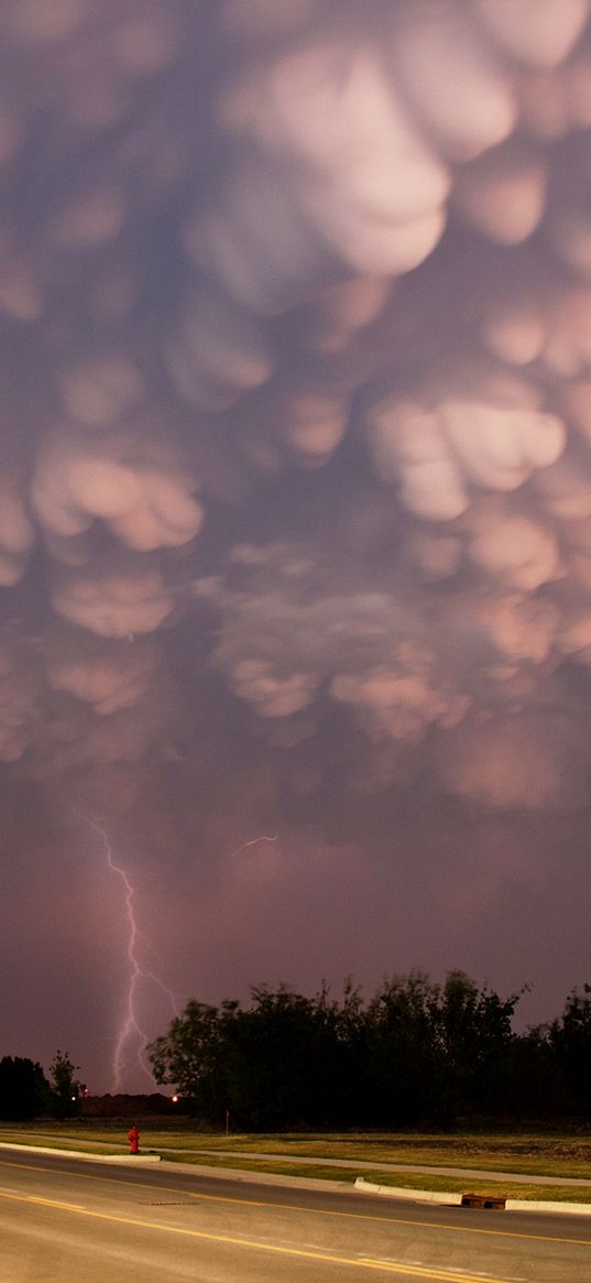 clouds, heavy, storm, lightning, bad weather, road, asphalt, lamps