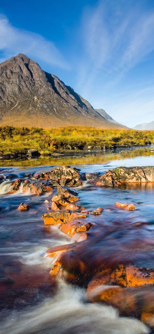 mountain, scotland, sky, river, stones, current