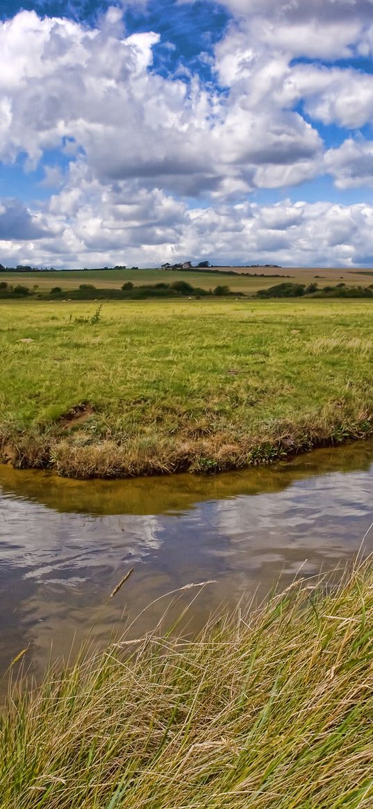 river, grass, channel, field, solarly