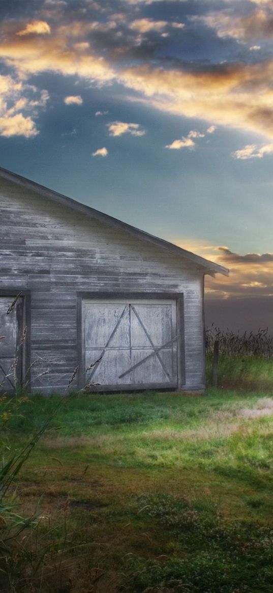 barn, greens, structure, evening, clouds