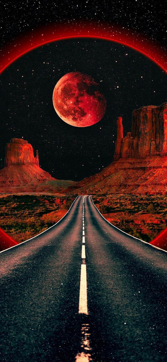 road, savannah, portal, mountains, moon, starry sky