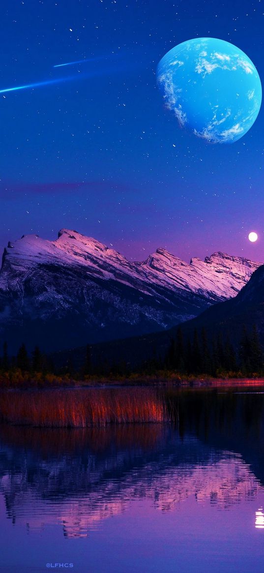 lake, reflection, forest, mountain, sunset, blue sky, stars, moon, comet