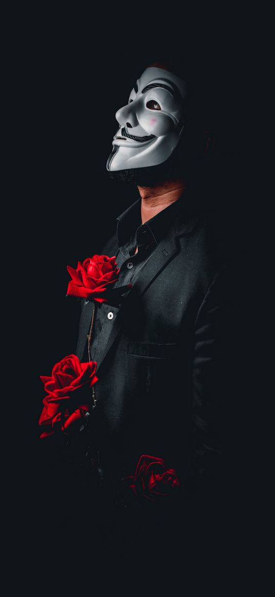 mask, black, rose, man, anonim