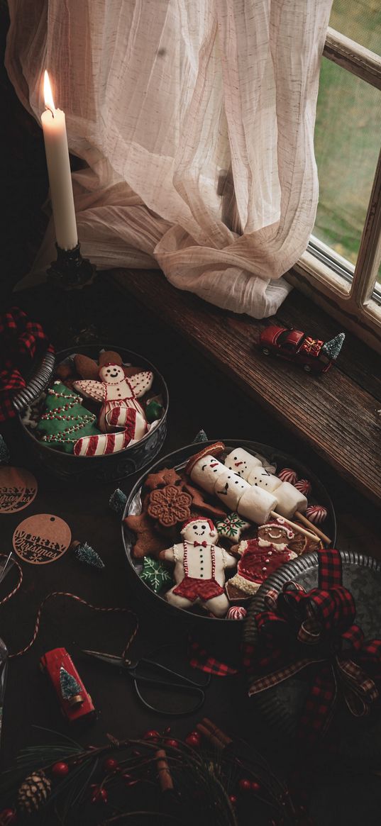 cookies, food, snowman, candle, decor, holiday, new year, decoration, items