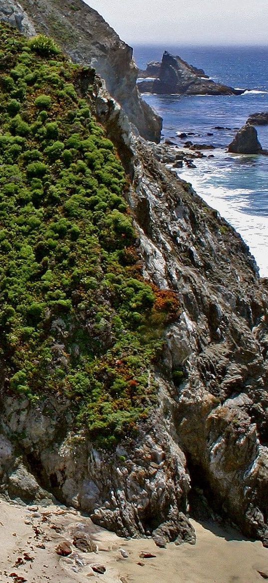 rocks, vegetation, greens, coast, sea