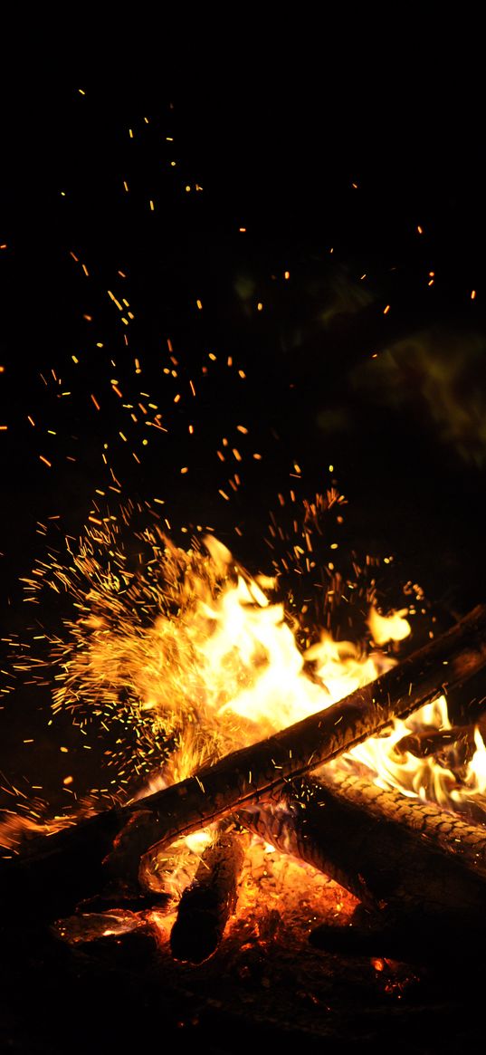 bonfire, fire, logs, sparks, darkness