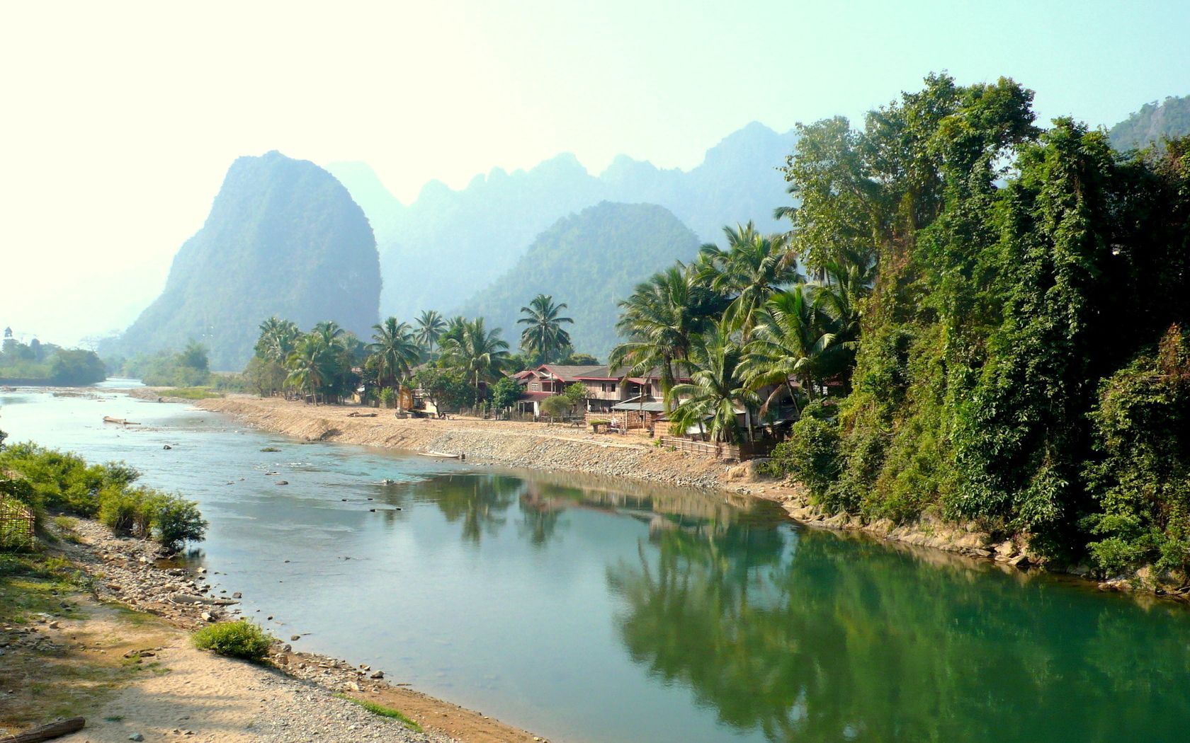 laos, tropics, palm trees, river, huts