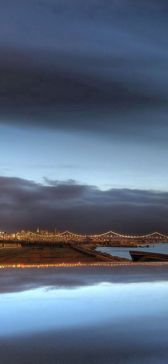 quay, city, river, lanterns, water, light, evening