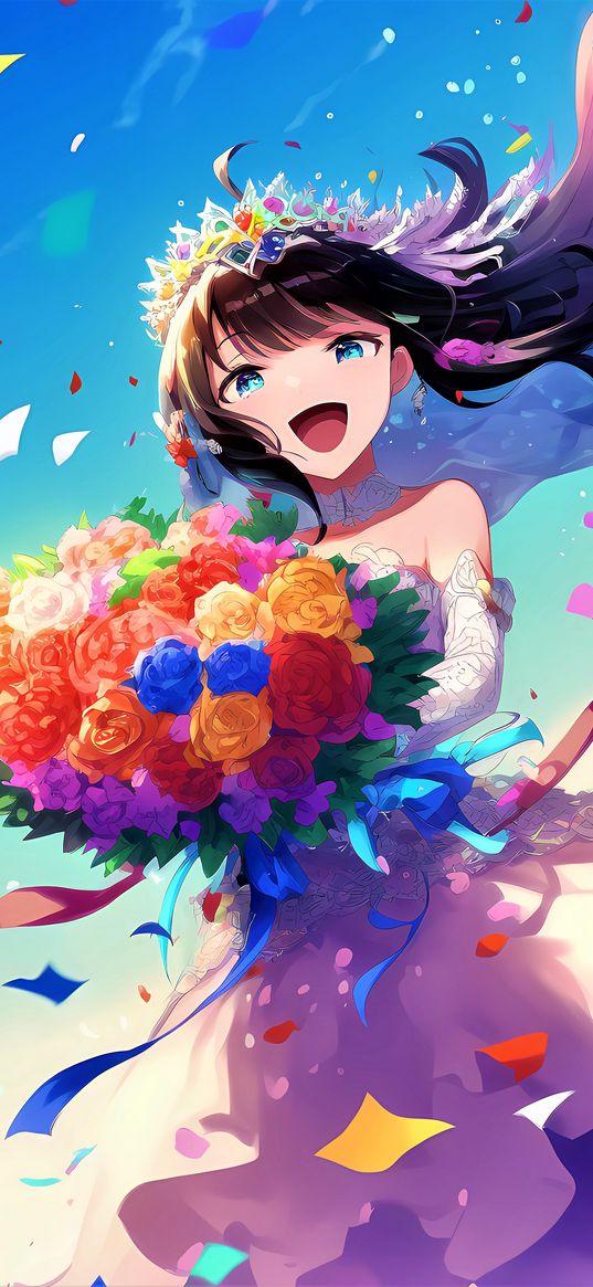 girl, smile, bride, bouquet, anime