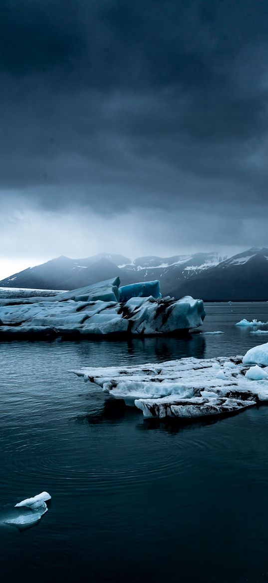 ice floe, ice, lake, mountains, snow, clouds, sky, landscape, north, winter, nature