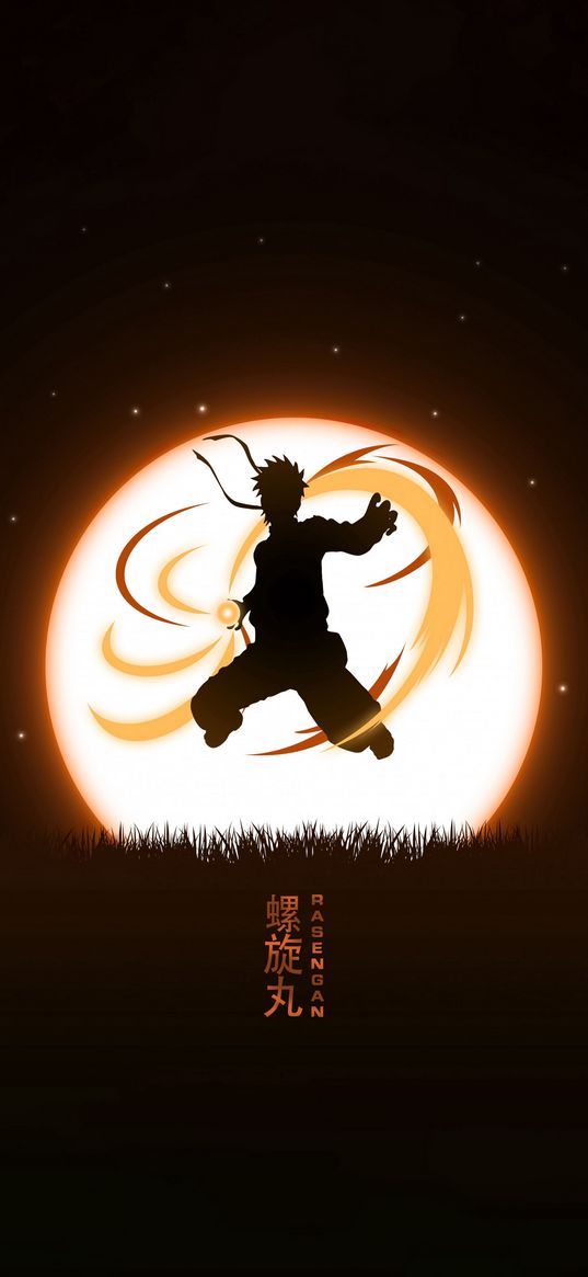 naruto uzumaki, rasengan, anime, warrior, guy, ball, magic, moon, night, silhouette, black, orange, art