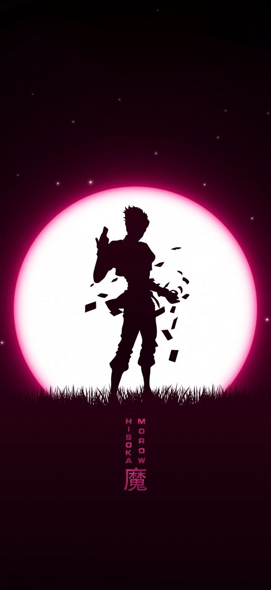 hisoka morow, hunter x hunter, anime, guy, cards, silhouette, moon, night, black, pink, art