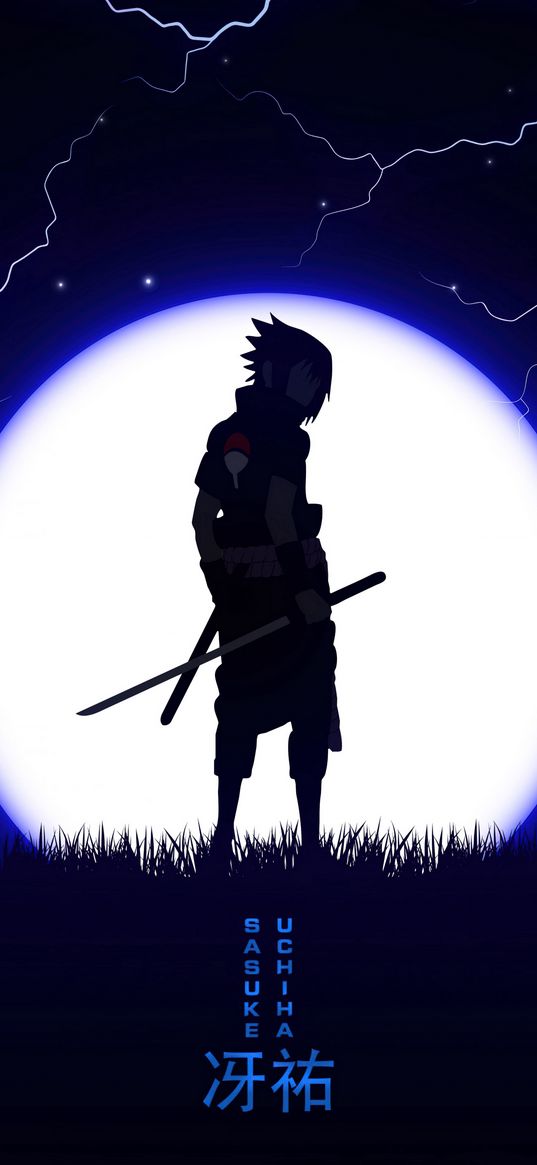 sasuke uchiha, naruto, anime, warrior, guy, swords, silhouette, moon, lightning, night, blue, black, art