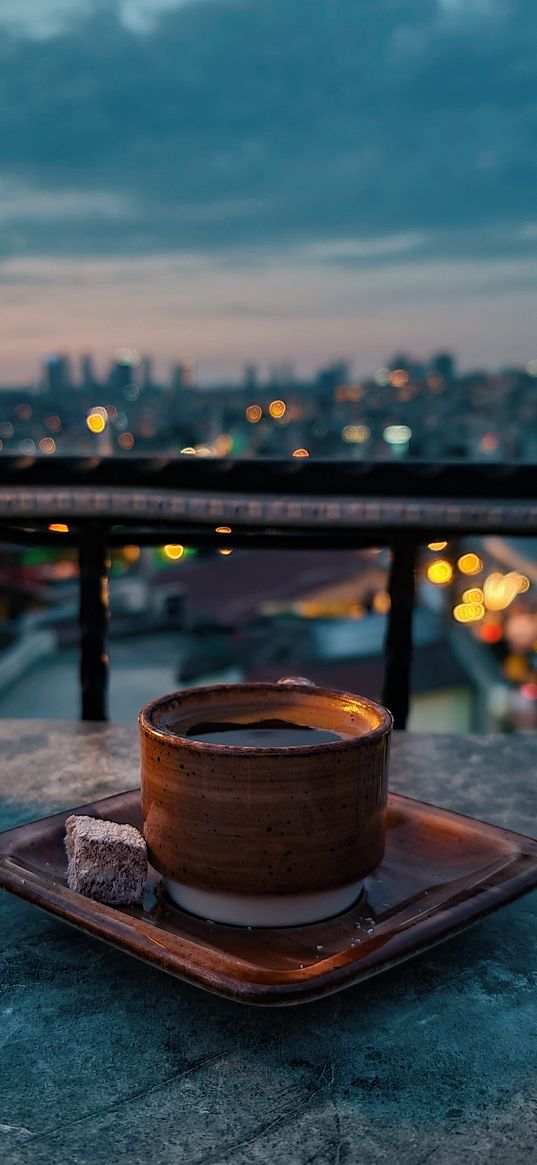 coffee, lukum, table, cafe, balcony, lights, turkey, city, sunset, evening