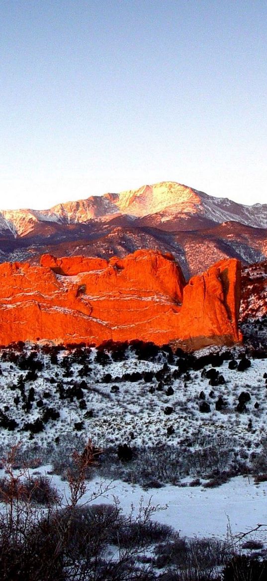 mountains, snow, vegetation, illumination, sun, shade