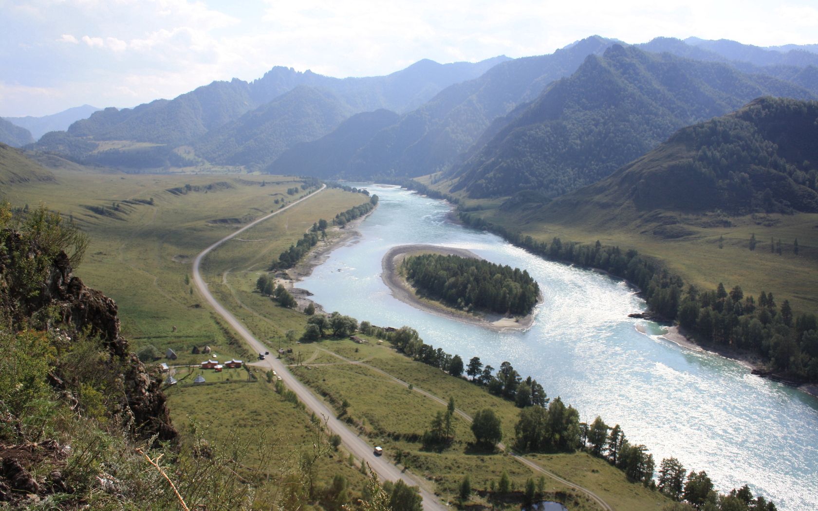 river, island, trees, road, height, mountains, open spaces, look