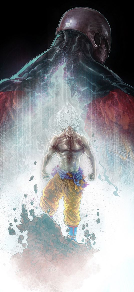 goku, dragon ball, anime, warrior, monster, stones, rock, superpower, dark background, art
