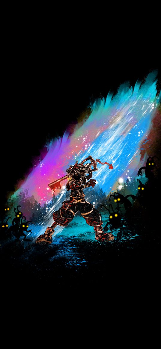 warrior, guy, key, bugs, cave, bright, colorful, black background, anime, art