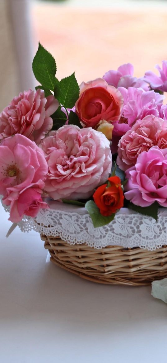 roses, flowers, garden, basket, cloth, crafts