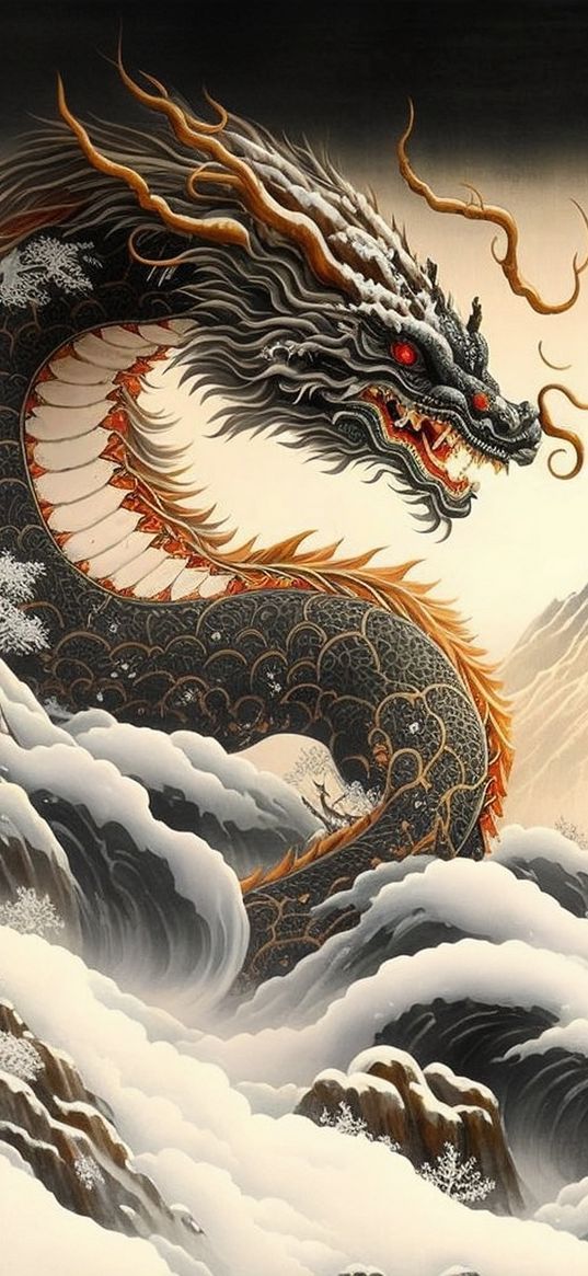 dragon, fantasy art, artwork, illustration, digital art, snow