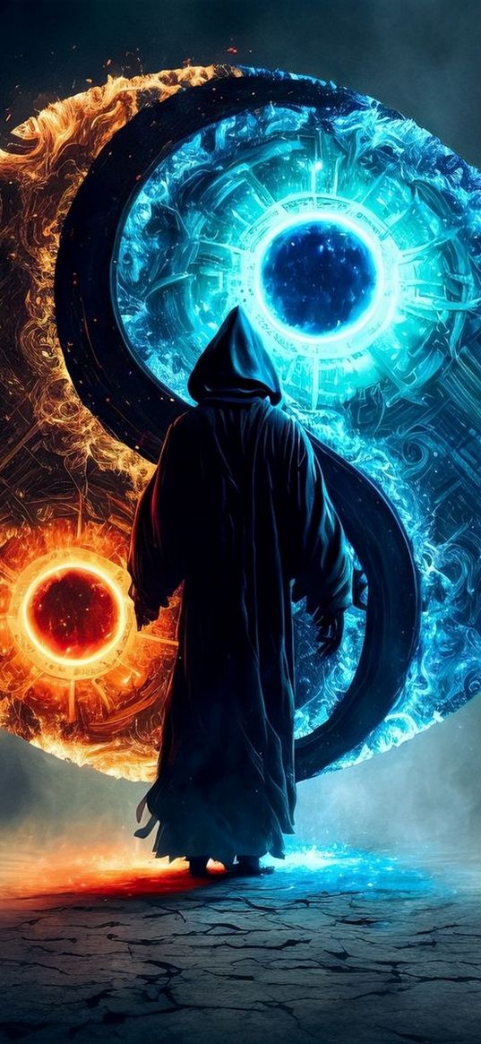 ying yang, red, blue, fantasy art, artwork, mage, man, hood