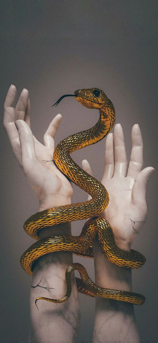 snake, statue, art, gold, hands