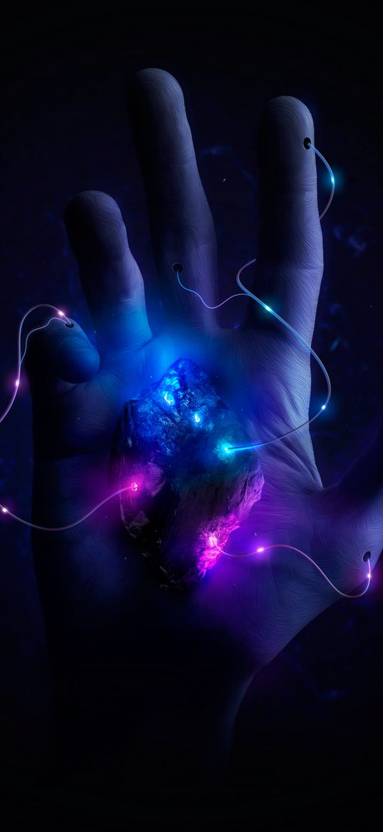 hand, stone, wires, lights, multicolored