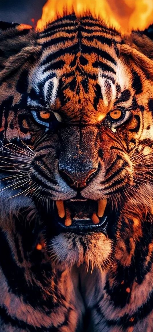 tiger, fire, glance, background, animal, fierce