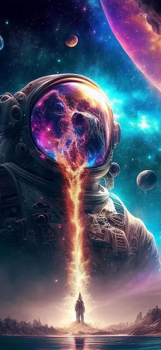 astronaut, space, planets, colorful, artwork, cosmic, neon