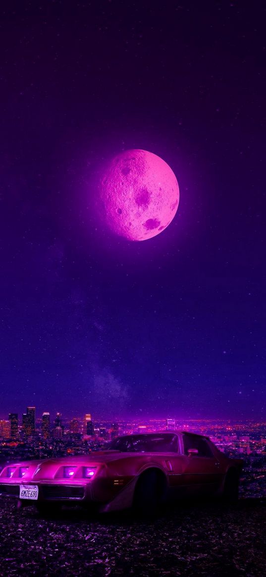 car, city, night, blue sky, moon, pink