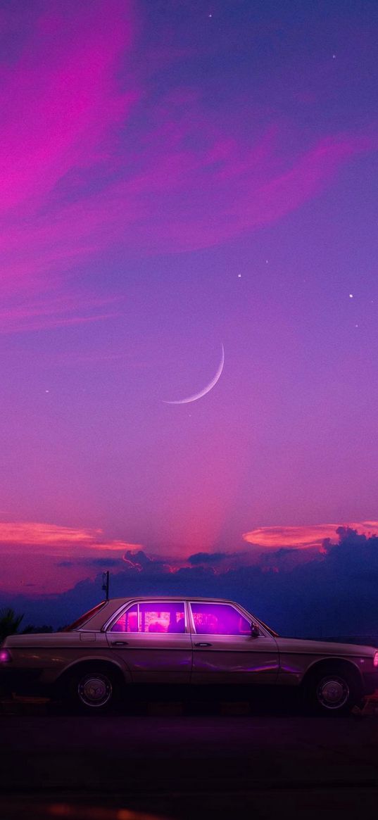 car, bushland, sky, clouds, moon, stars, purple